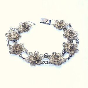 Vintage Mexican Silver Filigree Chrysanthemum Link Bracelet—1940-60s—EUC